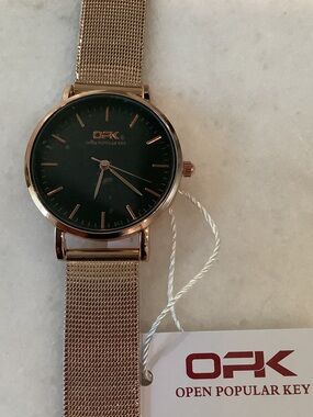OPK Men’s Rose Gold Mesh Strap Watch with Black Dial, Brand New